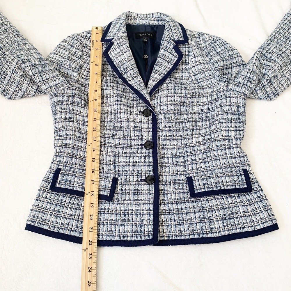 NWOT Talbots Tweed Blazer Women 10 Blue White Grosgrain Trim Textured Jacket - Picture 11 of 11